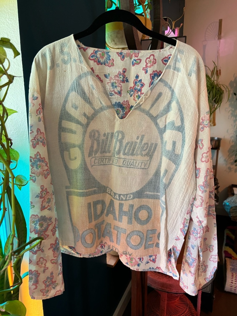 Floral Idaho Potatoes Long-Sleeve V-Neck Top - Cream & Blue